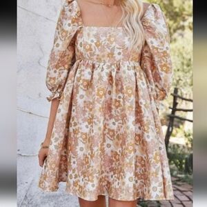 Storia Grace Floral Print Puff Sleeve Babydoll Mini Dress Size Medium